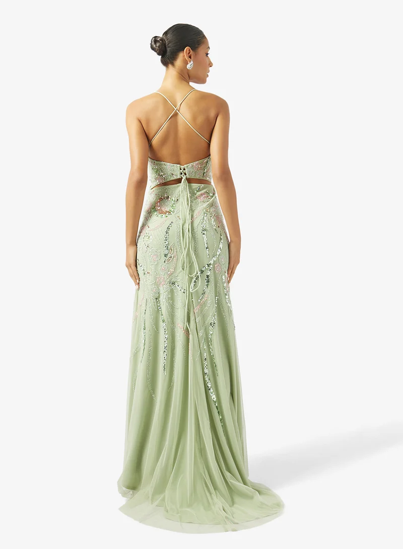 Namshi x Floral Bead Embellished Evening Gown with Slit
